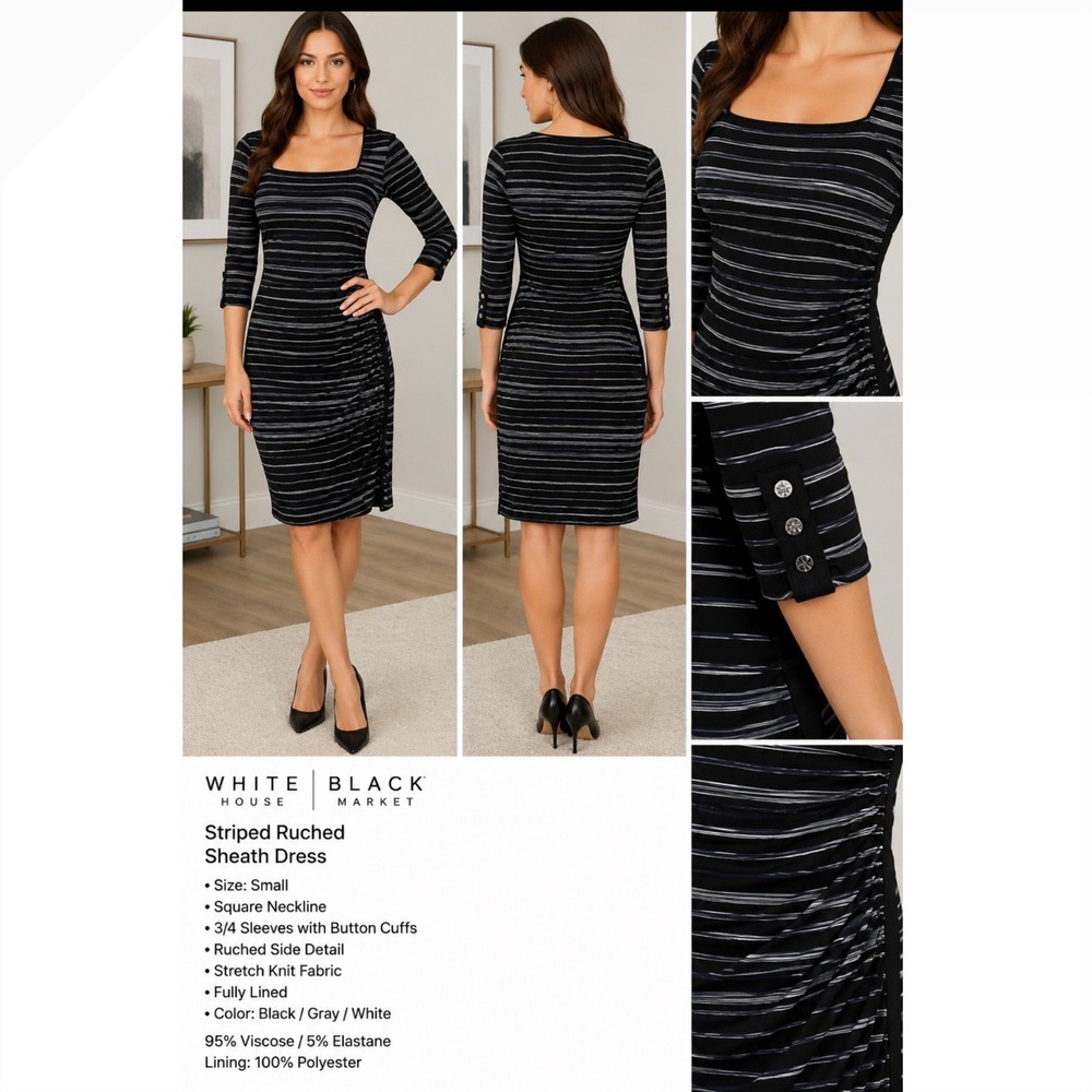 White House Black Market Striped Ruched Sheath Dress‎ Black White Square Neck S